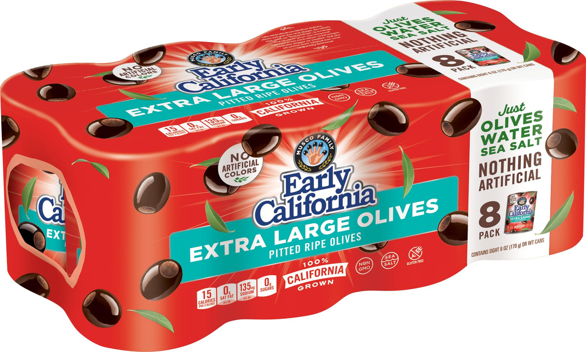 Early California extra-large-ripe-pitted olives in cans ready to snack
