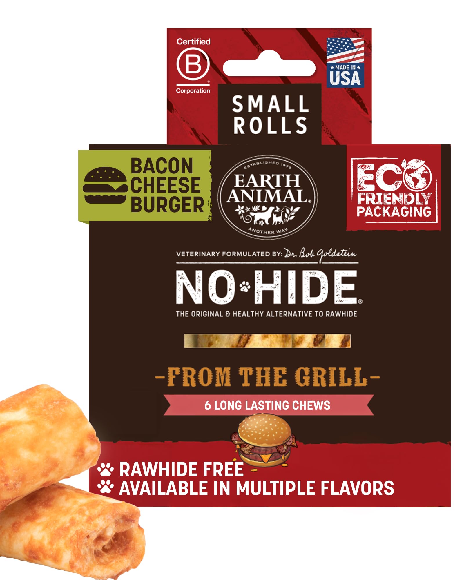 Earth Animal No Hide Rolls Bacon Cheeseburger small dog chew close-up, supports teeth and gums.