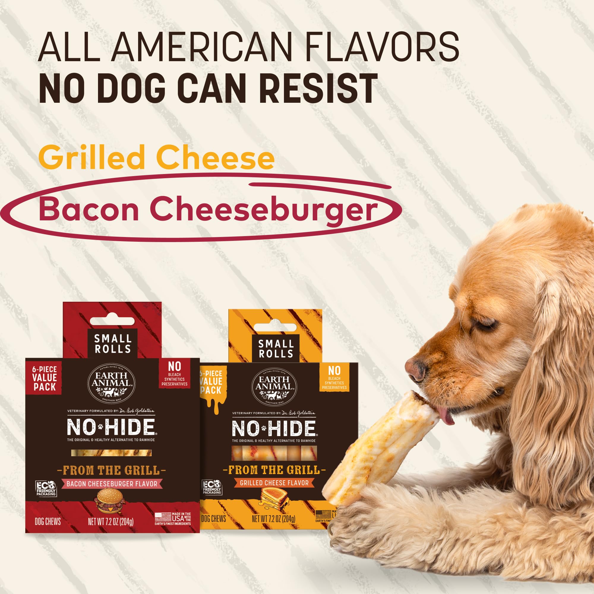 Earth Animal No Hide Rolls Bacon Cheeseburger two chews shown, long-lasting entertainment.