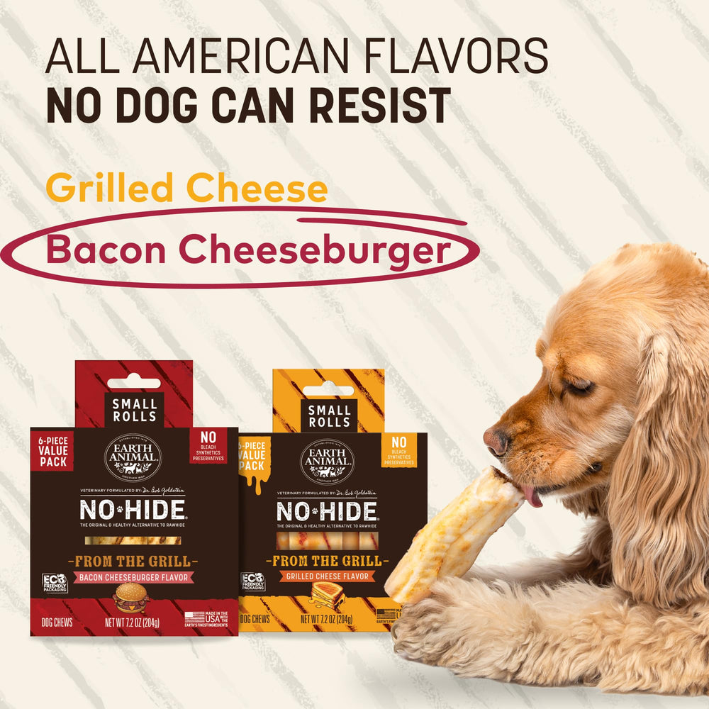 Earth Animal No Hide Rolls Bacon Cheeseburger two chews shown, long-lasting entertainment.