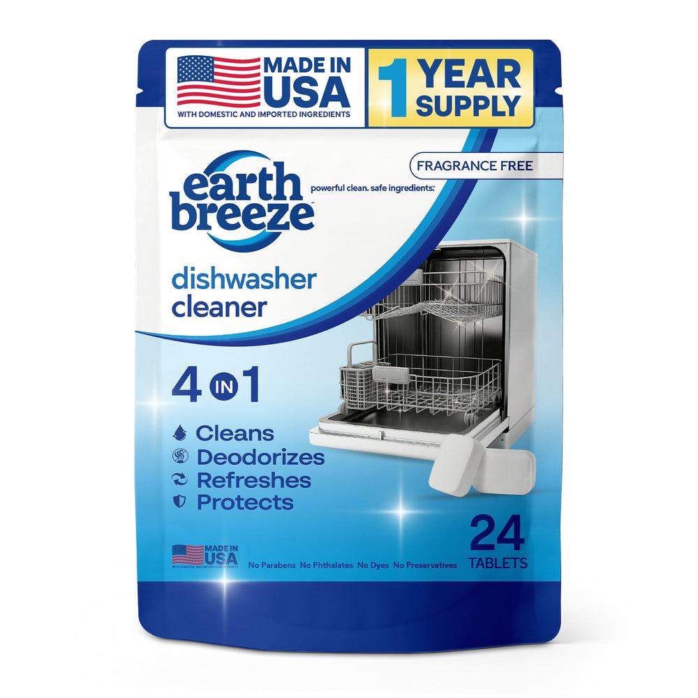 Earth Breeze dishwasher cleaner tablet in detergent tray for easy monthly maintenance and fresher results.