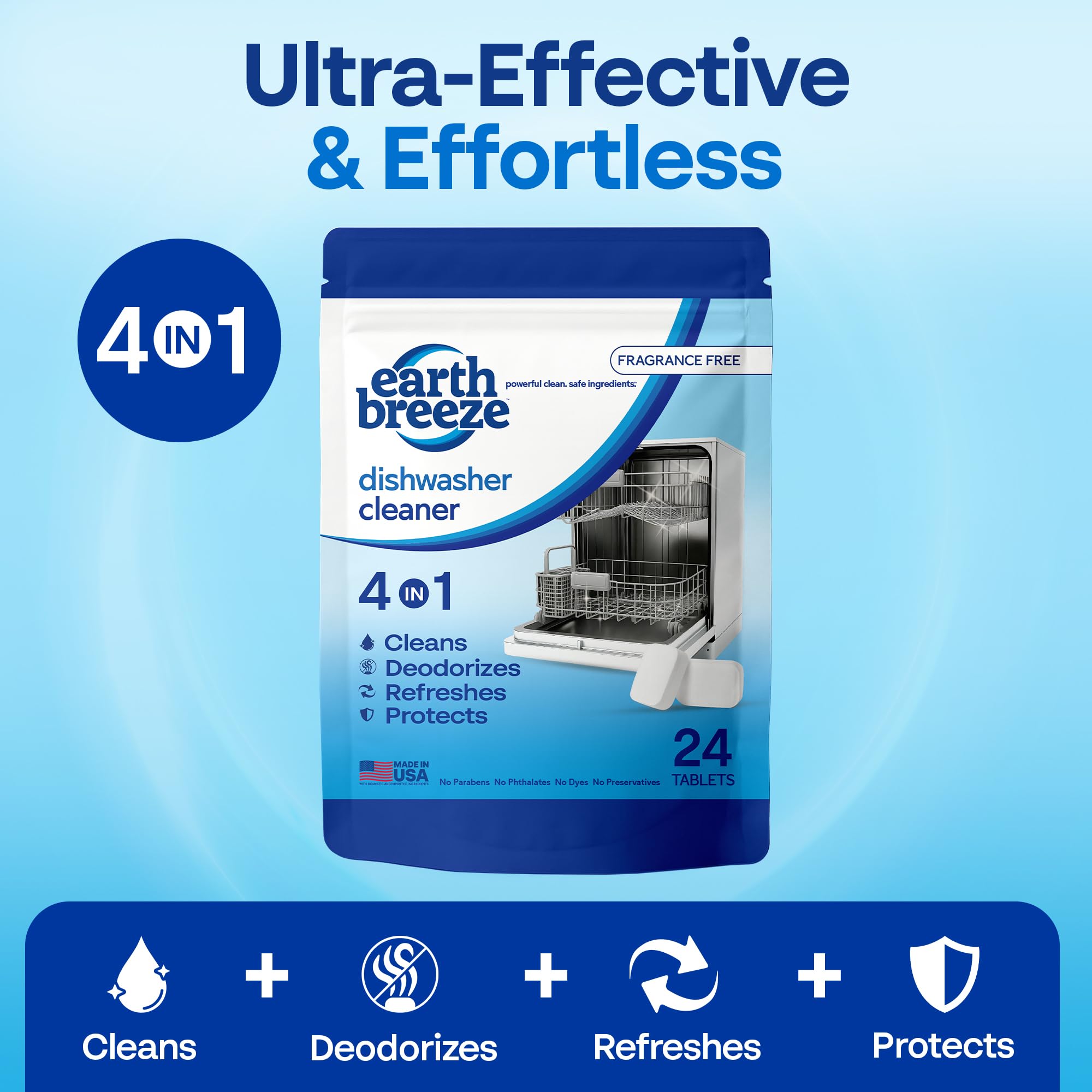 Earth Breeze cleaner tablet removes grease and limescale buildup for smoother dishwasher performance.