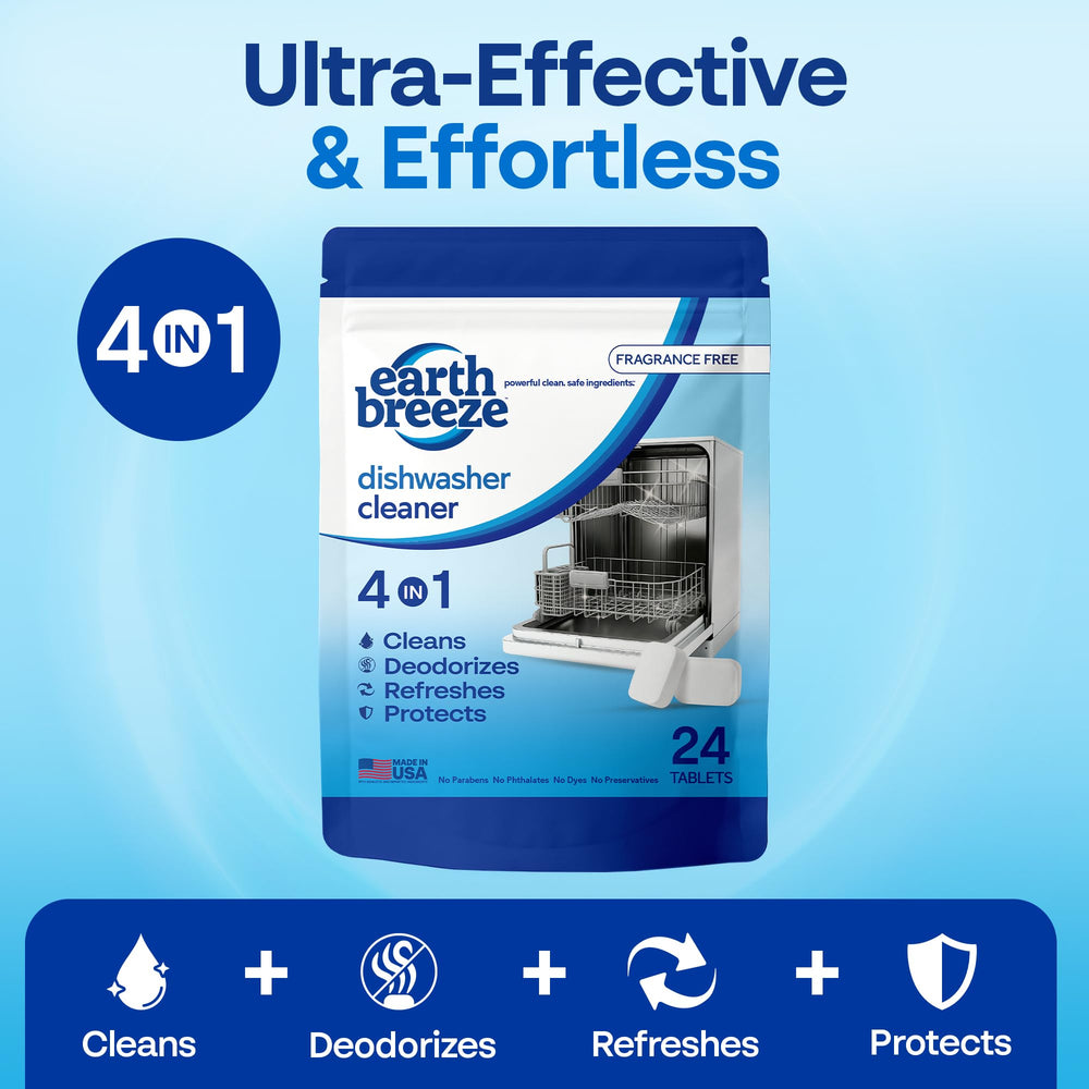 Earth Breeze cleaner tablet removes grease and limescale buildup for smoother dishwasher performance.