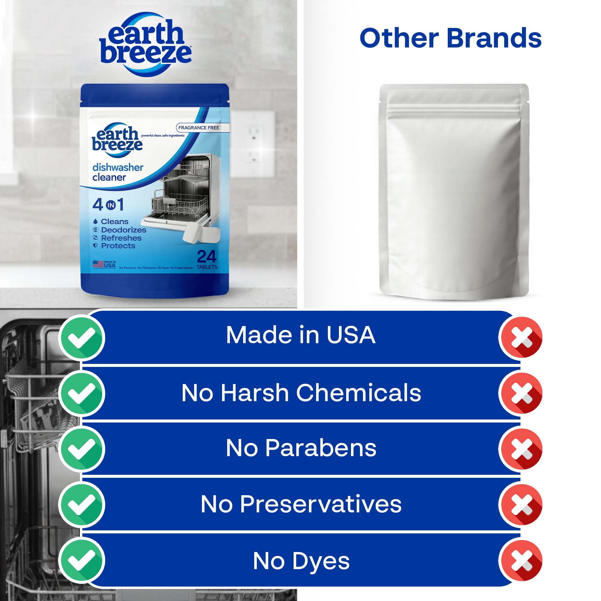 Earth Breeze tablet safe for stainless steel interiors, helping protect against residue buildup.
