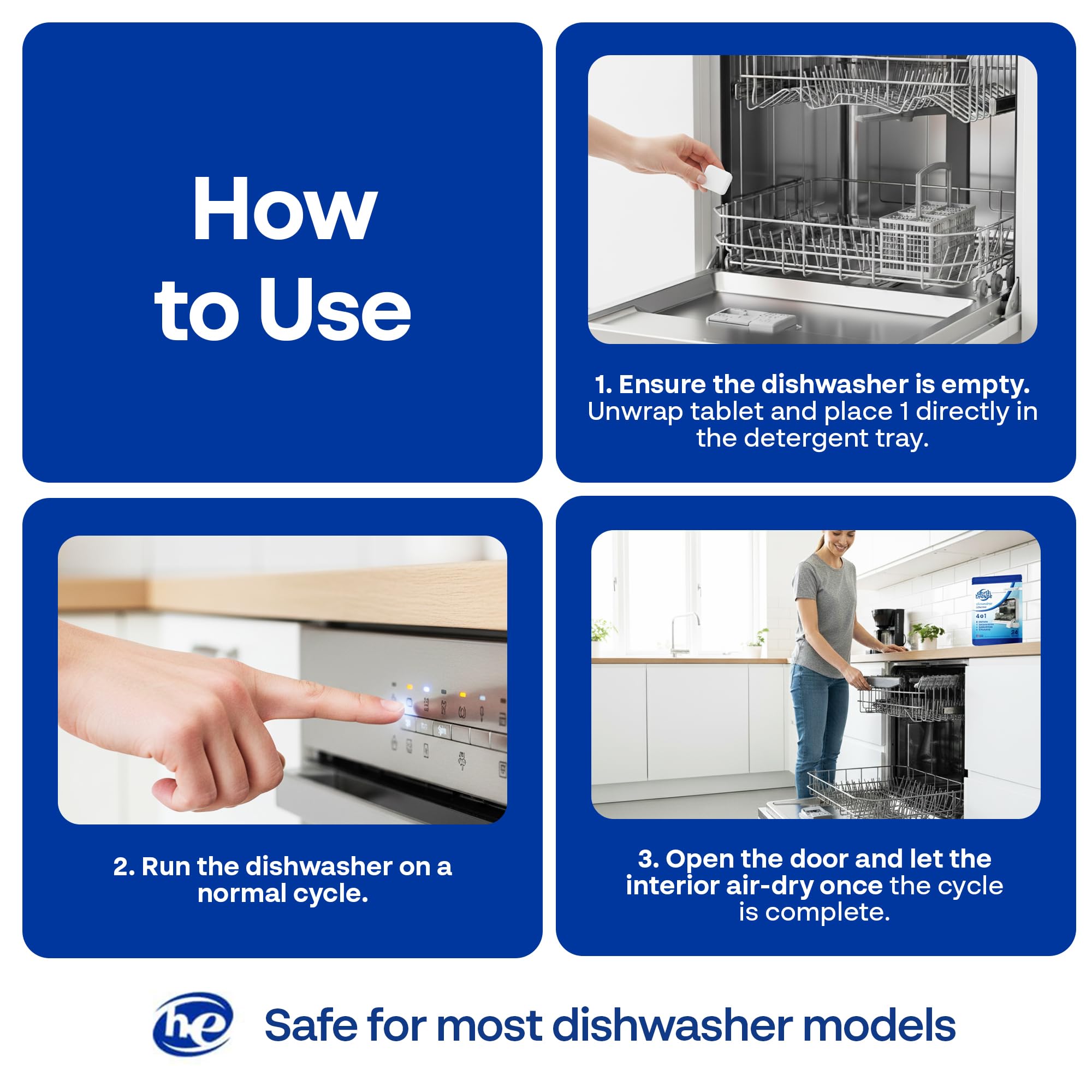 Earth Breeze dishwasher cleaner tablet, USA-made formulation for trustworthy quality.