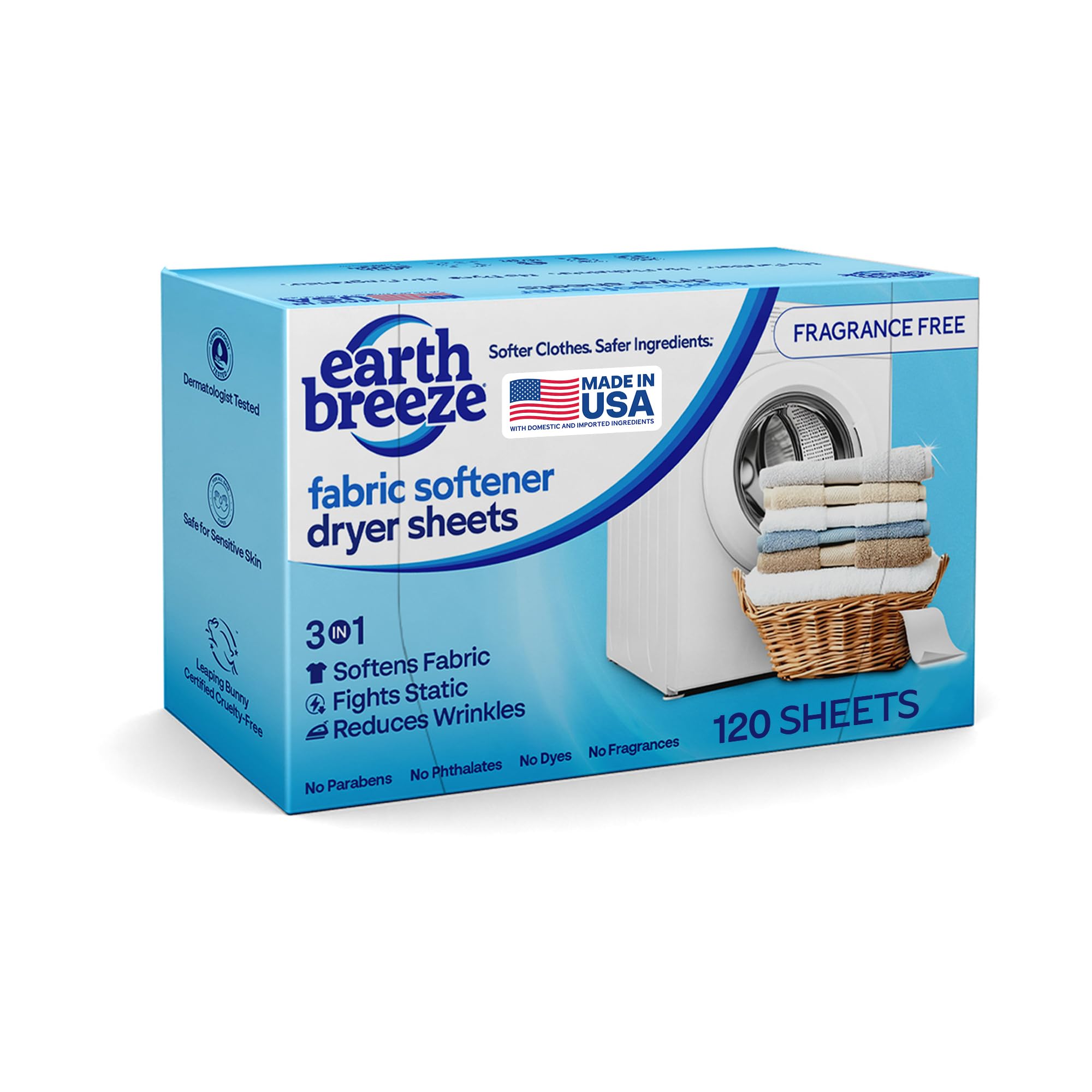 Earth Breeze fragrance-free dryer sheet softens fabrics without scents for sensitive skin.