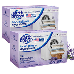 Earth Breeze Lavender Dryer Sheets soften fabrics with a calming scent and reduced static.