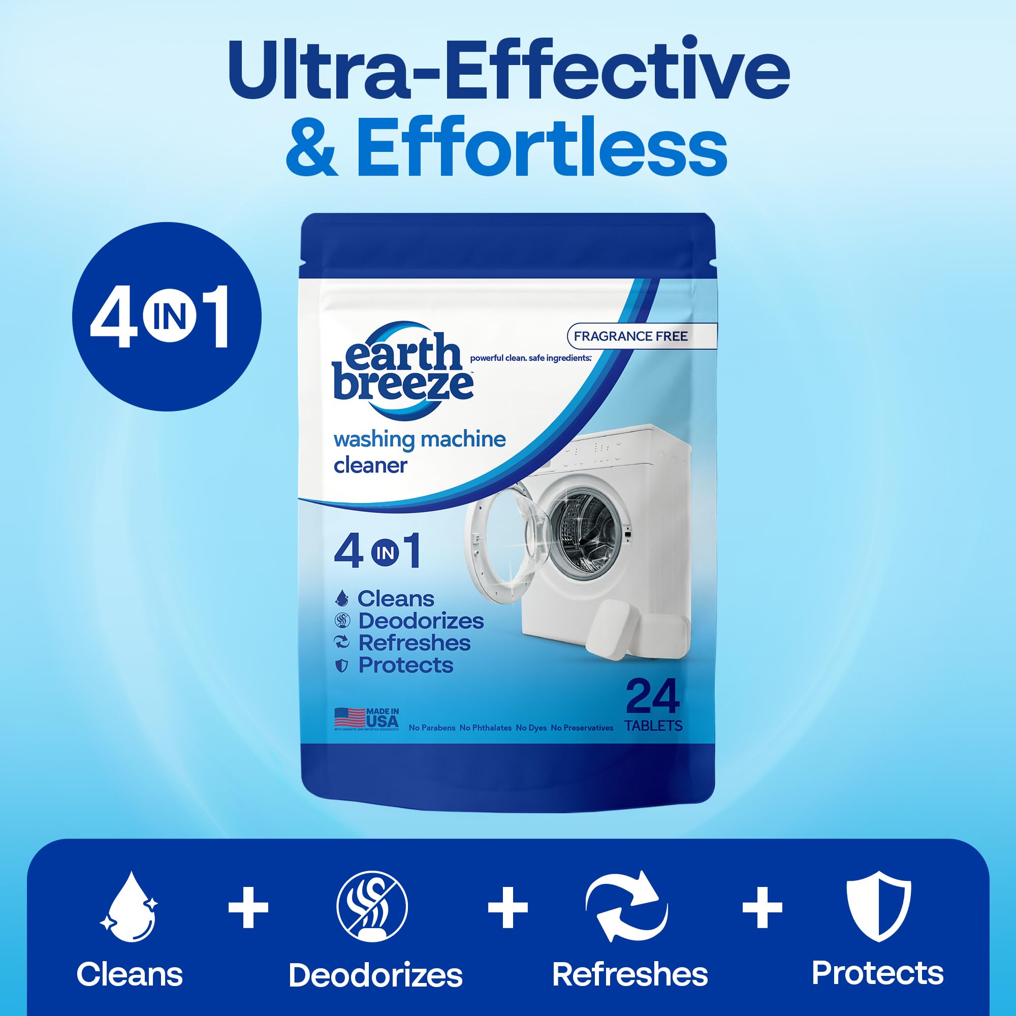 Earth Breeze packaging box highlights USA-made, fragrance-free formula
