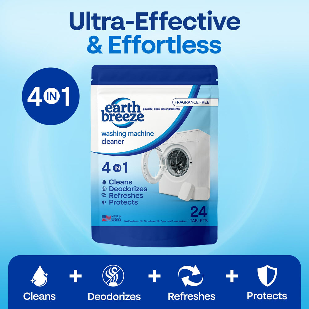 Earth Breeze packaging box highlights USA-made, fragrance-free formula