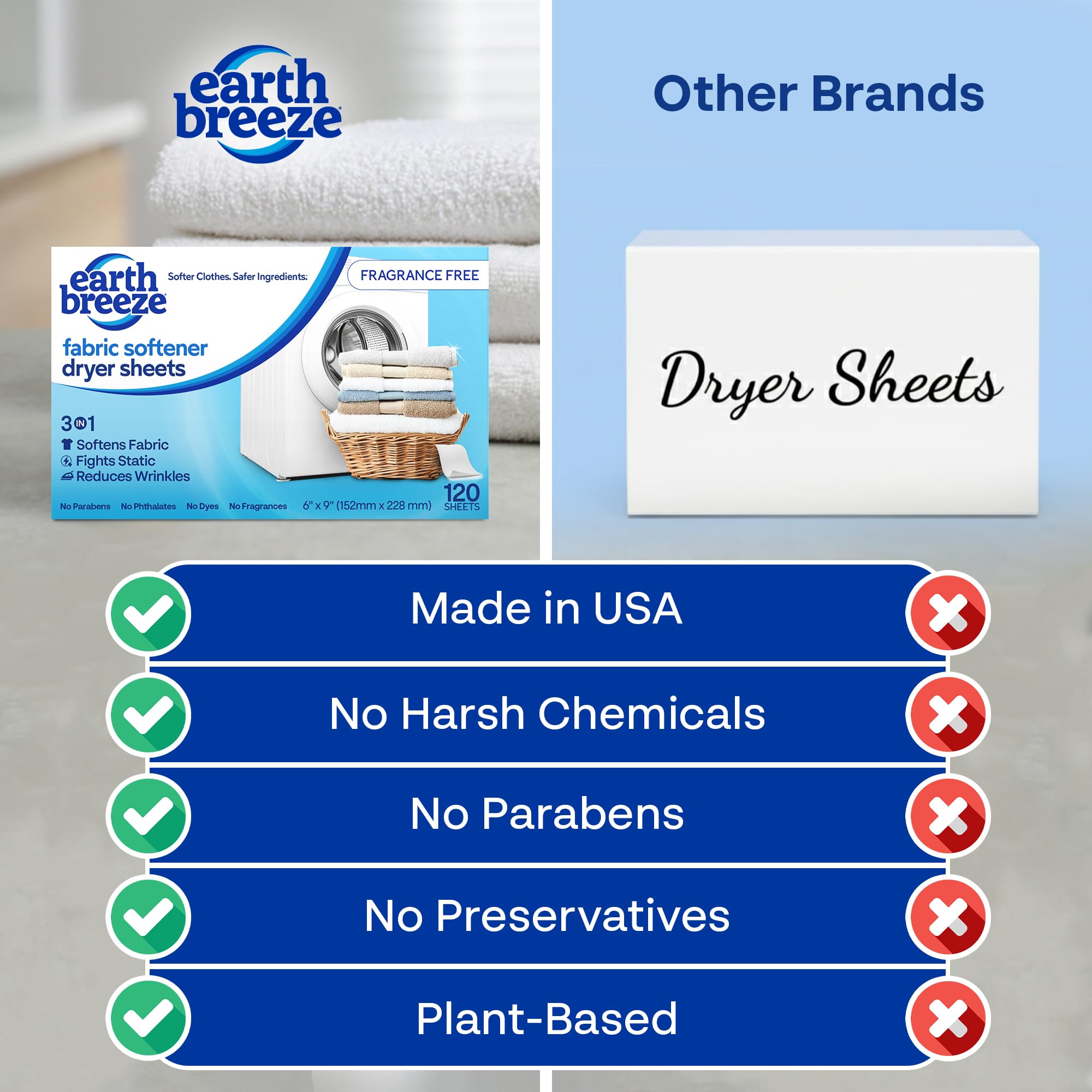 Earth Breeze safe-for-sensitive-skin sheet with plant-based ingredients.