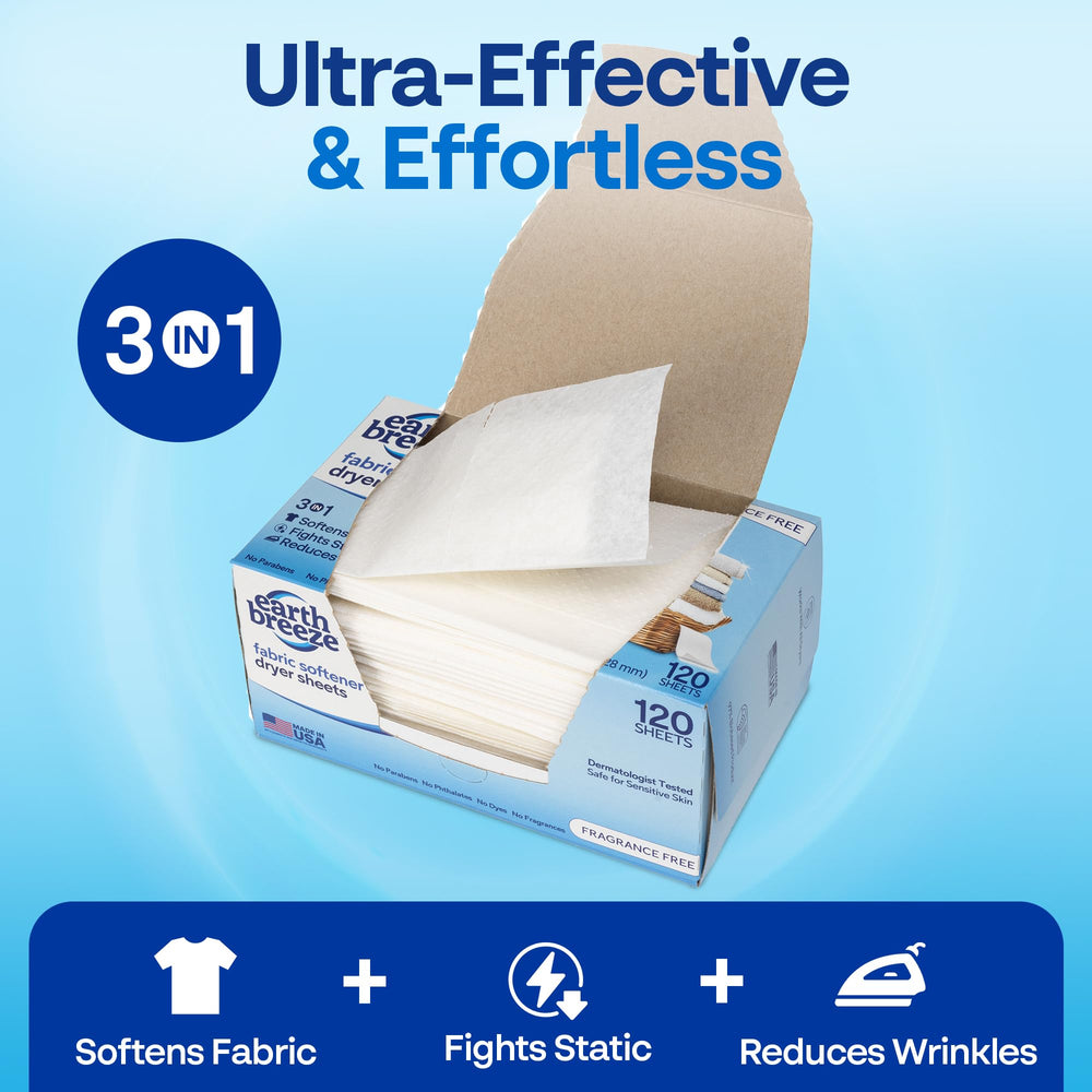 Earth Breeze dryer sheet provides gentle softening action for everyday laundry.