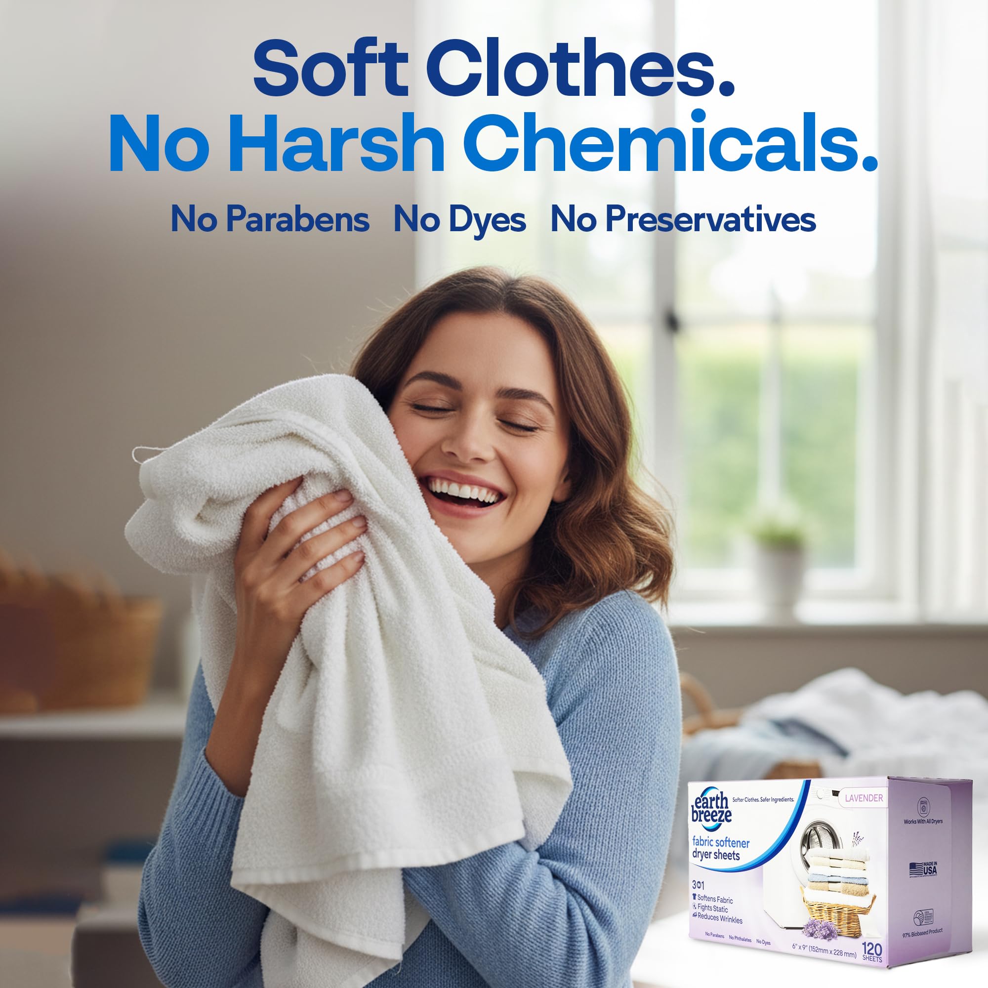 Earth Breeze static-reduction dryer sheets minimize cling in every load.