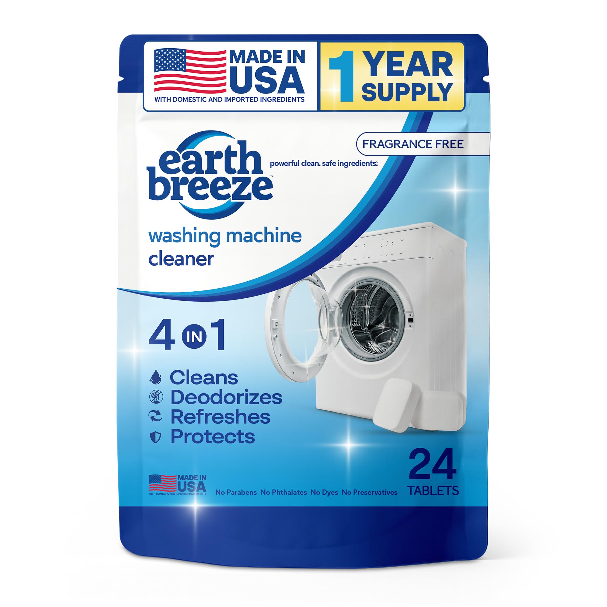Earth Breeze washing tablet front view showing a 4-in-1 cleaner for fresher cycles