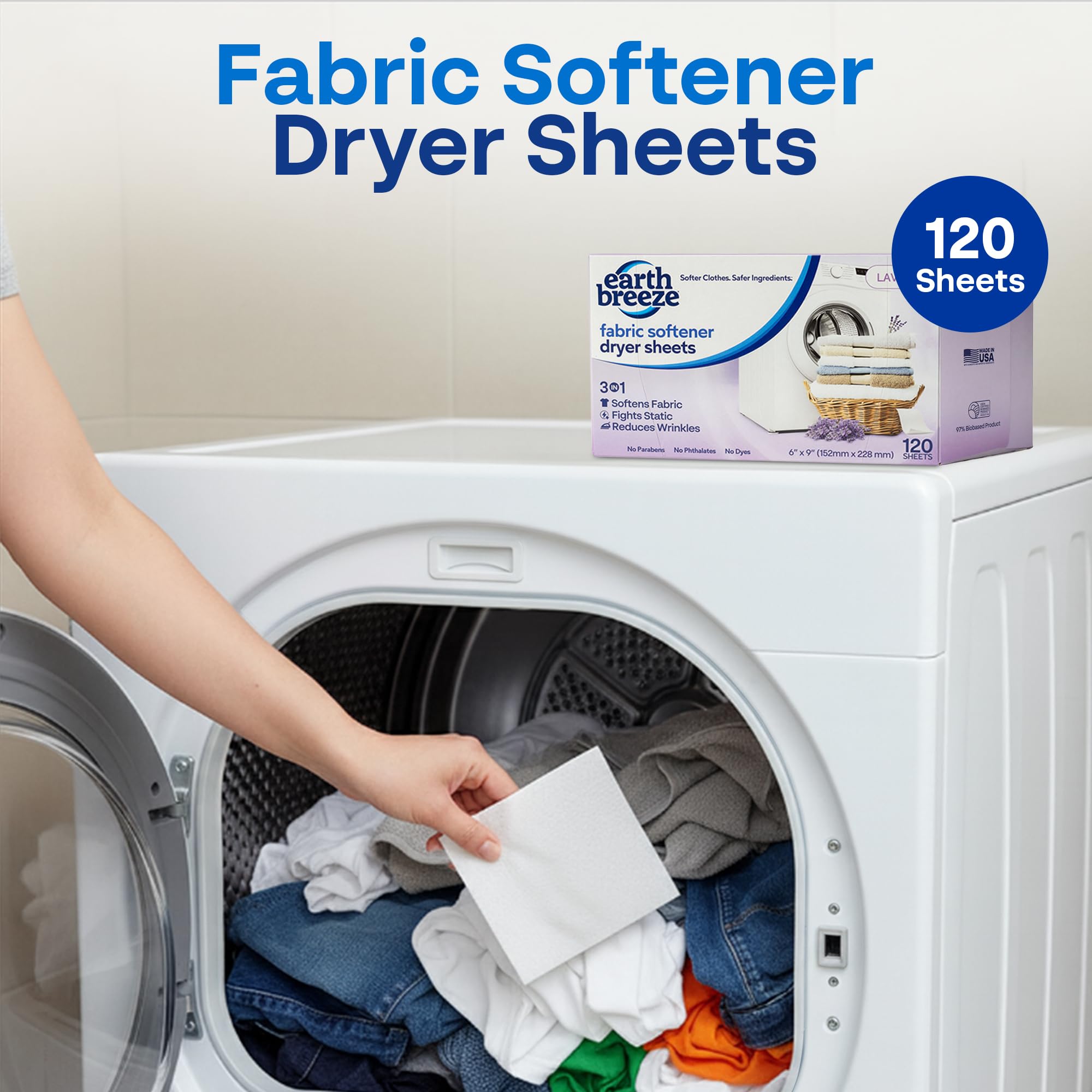 Earth Breeze wrinkle-reduction sheets help fabrics stay smooth after drying.