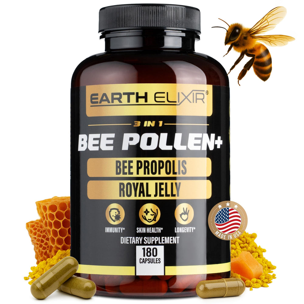 Earth Elixir 3-in-1 organic bee pollen capsules packaging highlights clean, non-GMO vitality for daily use