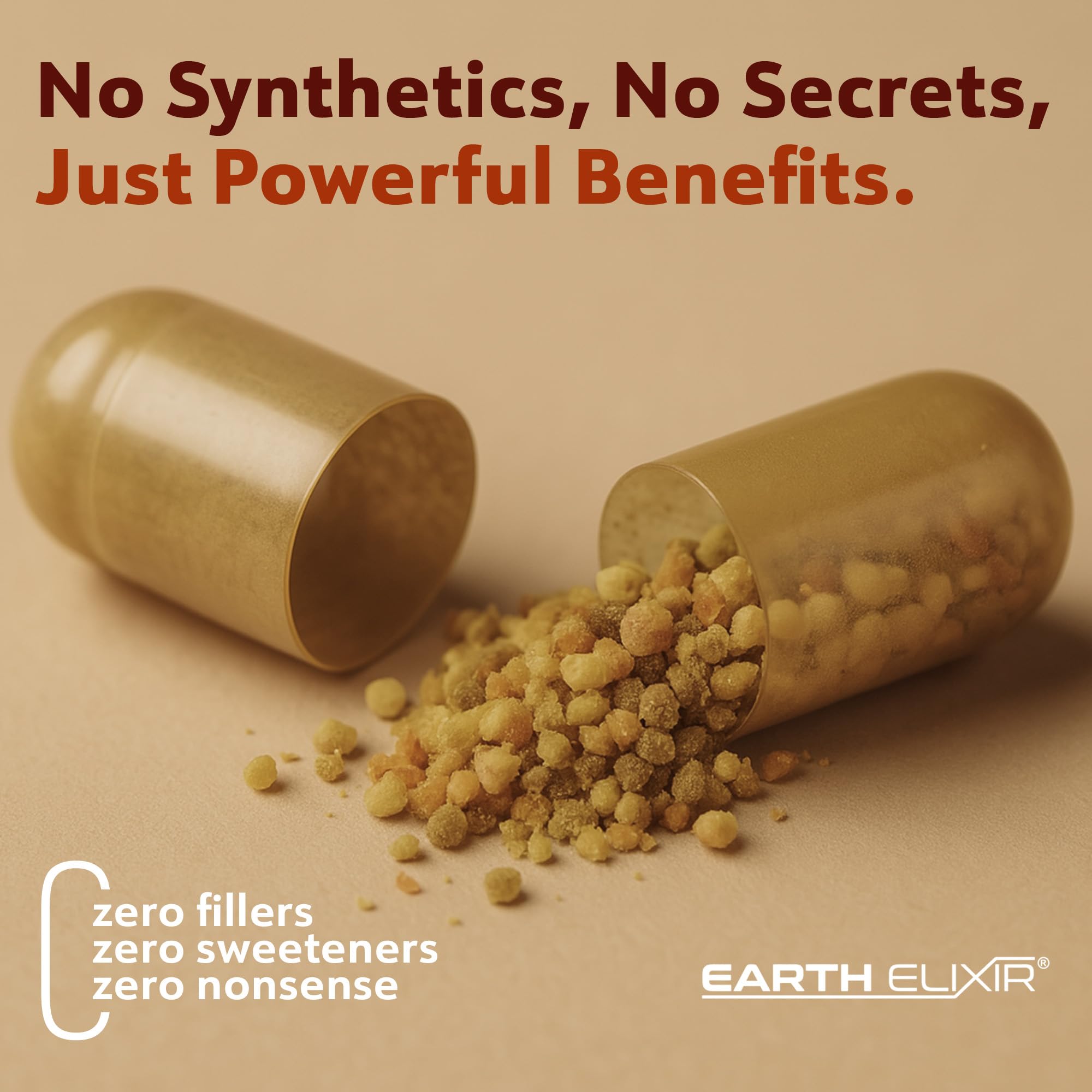 Earth Elixir labels highlight non-GMO and sustainably sourced bees in a transparent blend