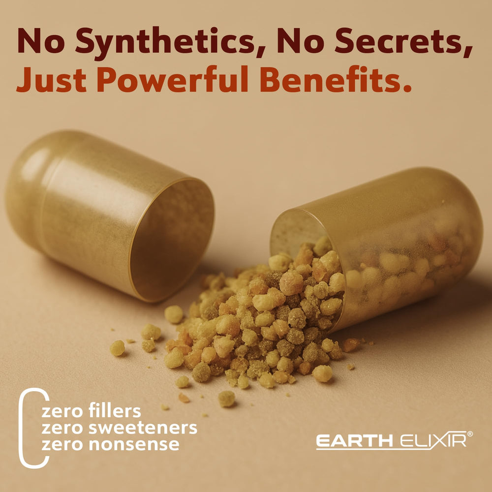Earth Elixir labels highlight non-GMO and sustainably sourced bees in a transparent blend