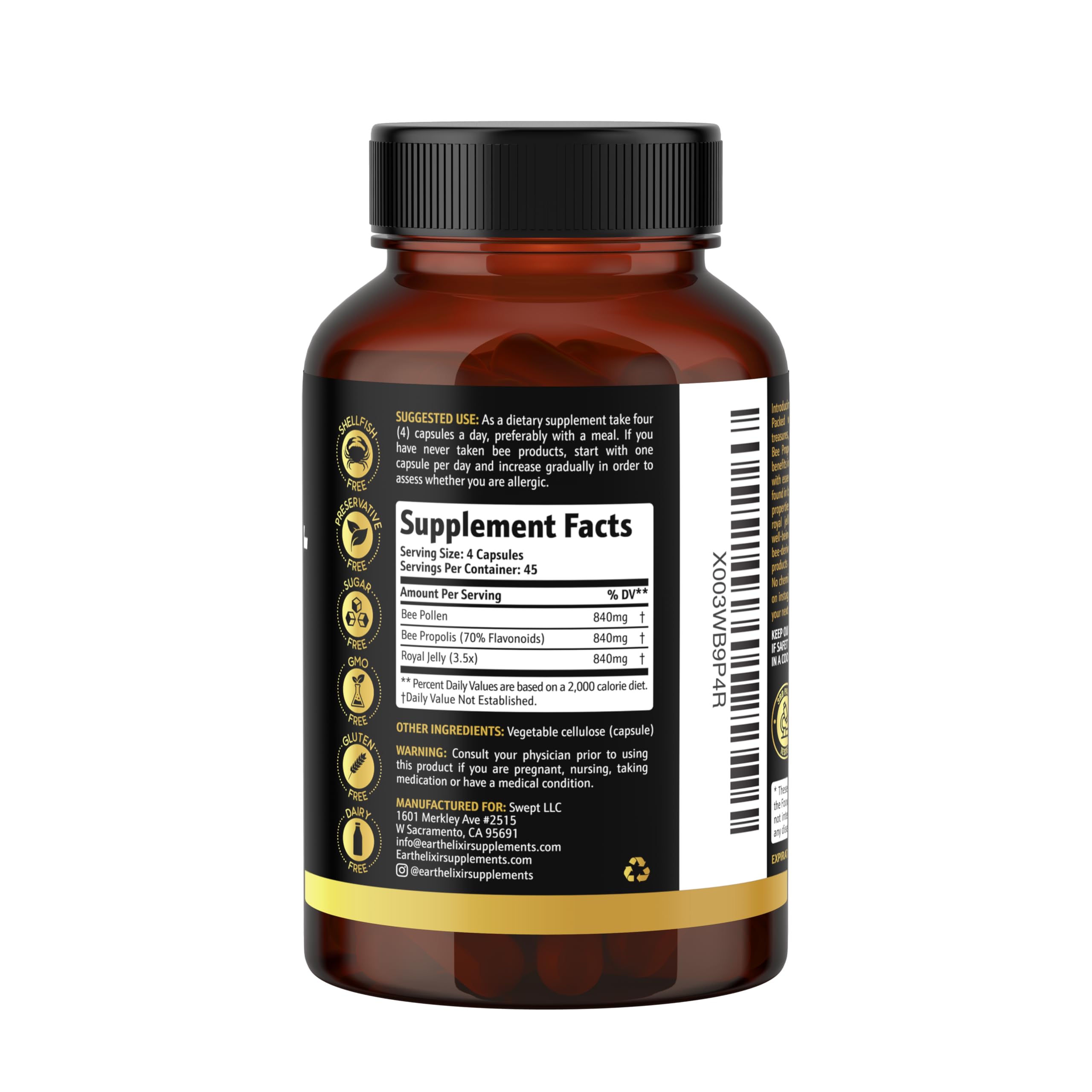 Earth Elixir capsules displayed with glass of water suggest easy daily supplementation