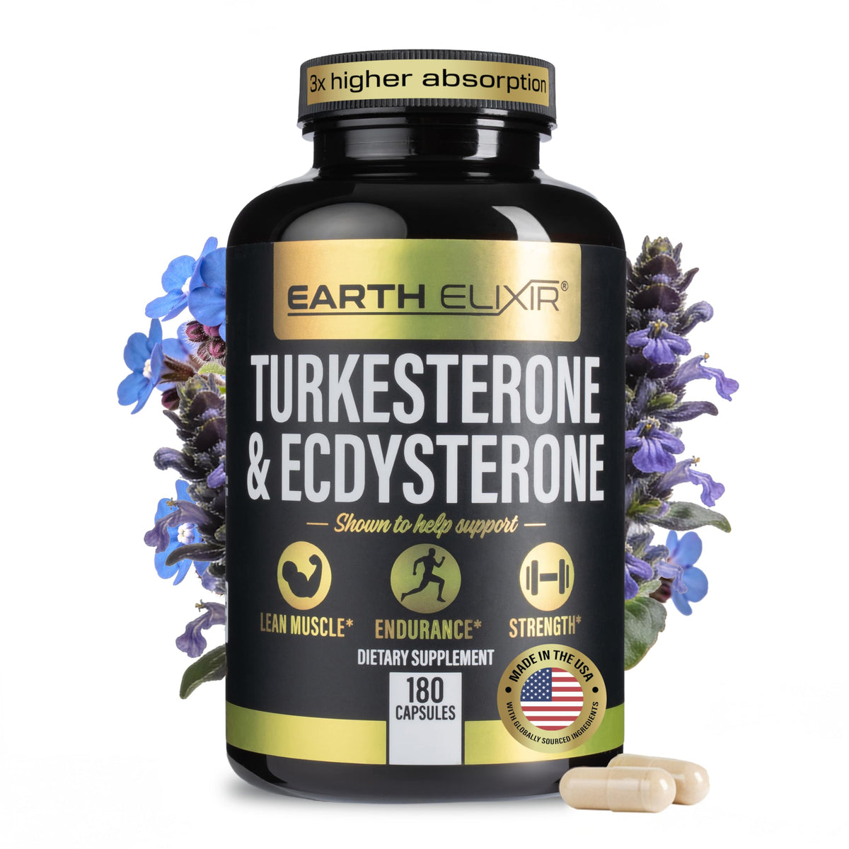 Earth Elixir Turkesterone & Ecdysterone bottle front displaying 180 vegan capsules for training support