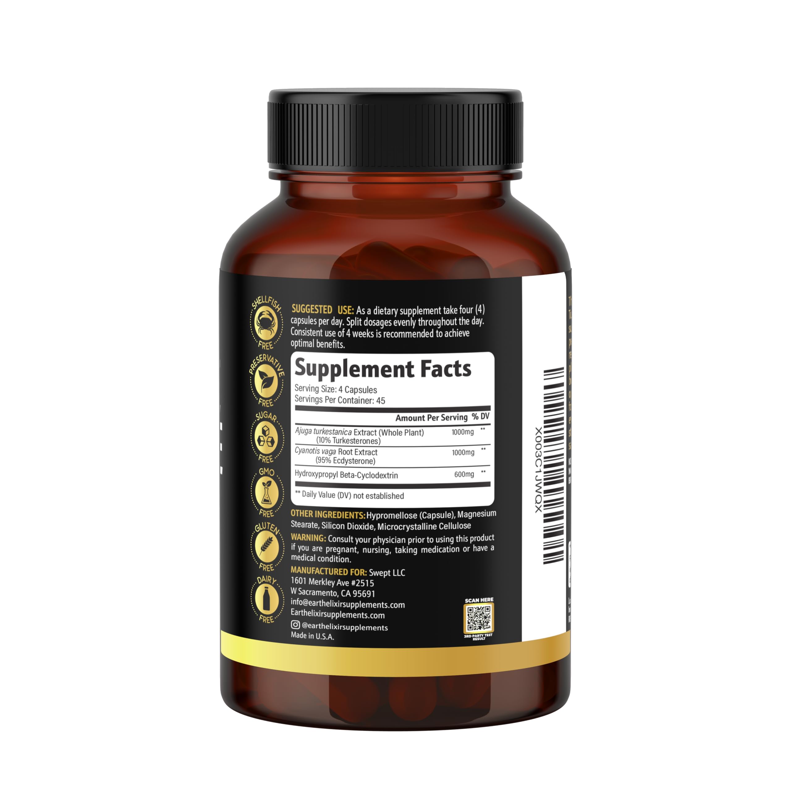 USA-made badge on Earth Elixir Turkesterone & Ecdysterone box signaling manufacturing standards