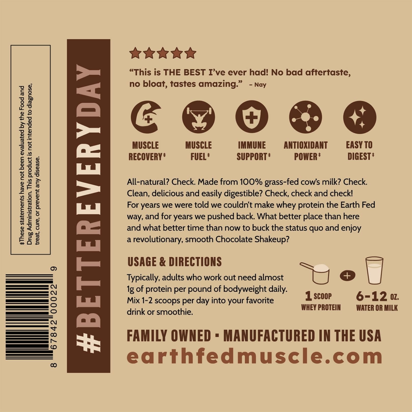 Earth Fed Muscle Shakeup label features certifications and clean ingredients
