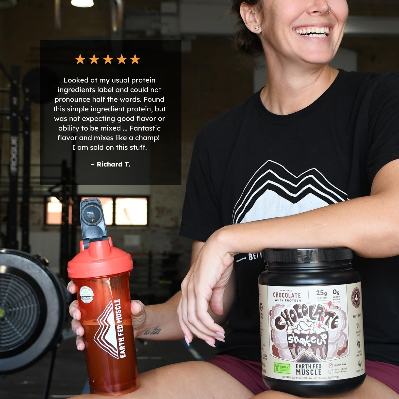 Earth Fed Muscle Shakeup packaging shows USA-made production in GMP facilities
