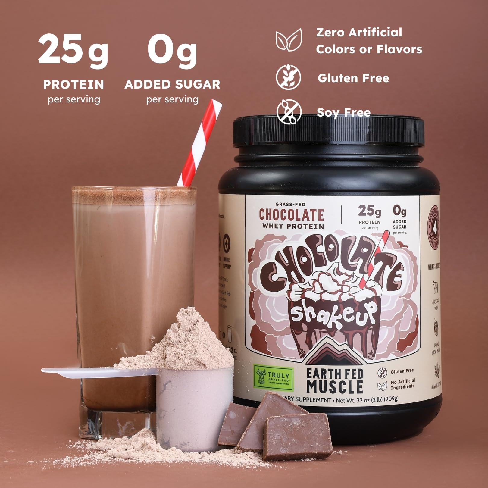 Earth Fed Muscle Shakeup pour glass demonstrates smooth mixability in water