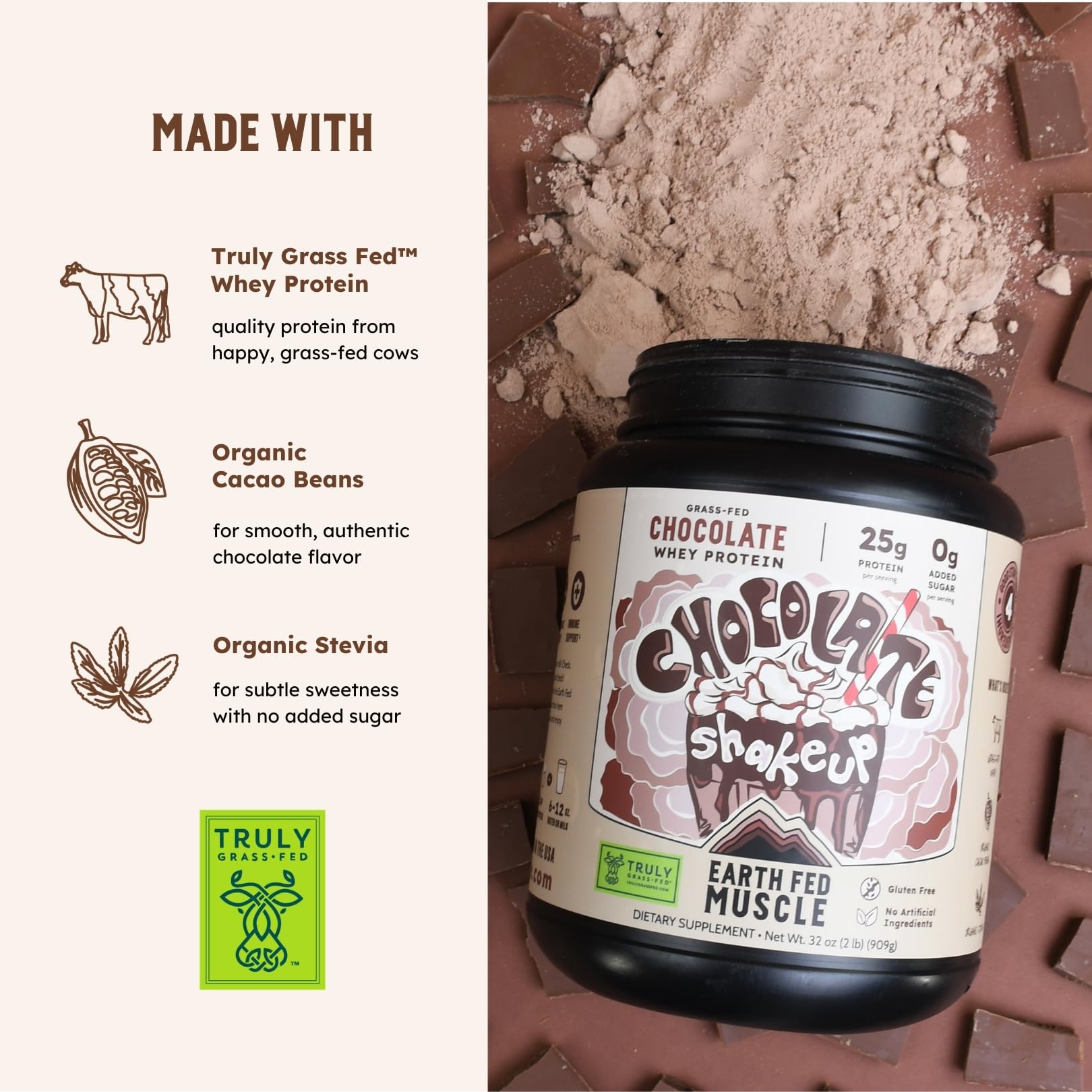 Earth Fed Muscle Shakeup whey scoop closeup highlights high protein per serving