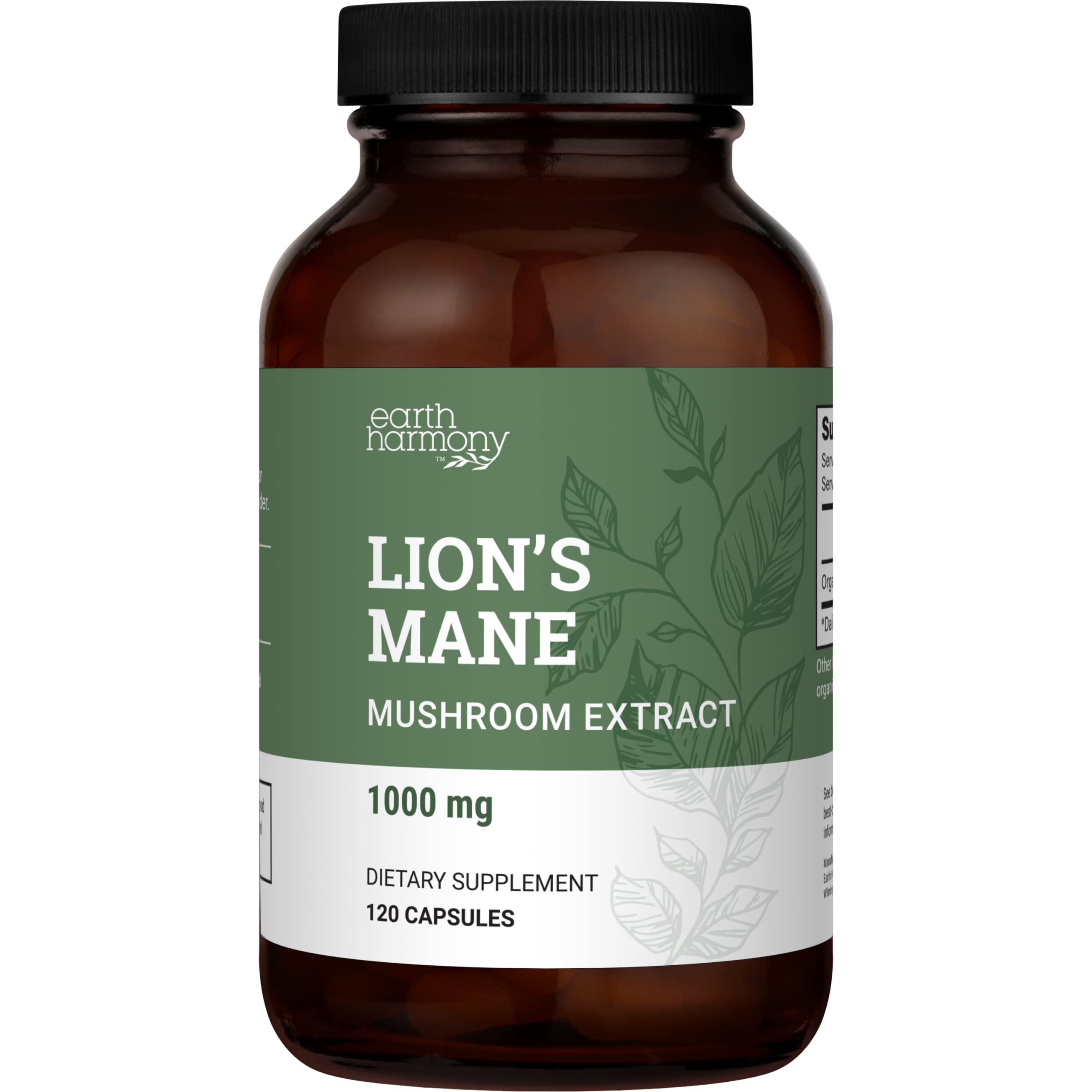 Earth Harmony Naturals Lions Mane capsules bottle on a clean desk for daily focus.