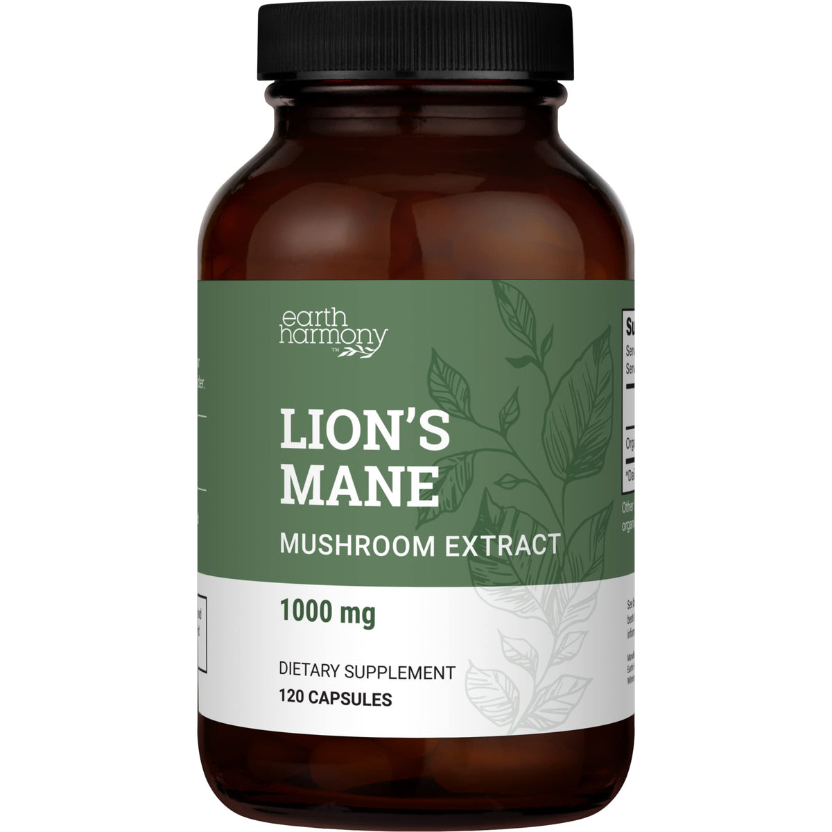 Earth Harmony Naturals Lions Mane capsules bottle on a clean desk for daily focus.