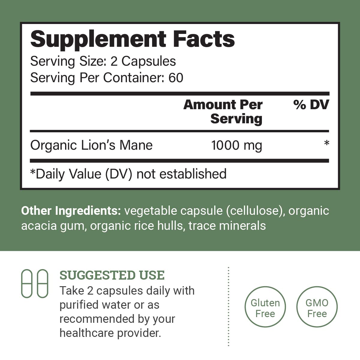 Earth Harmony Naturals Lions Mane capsules close-up for daily wellness.