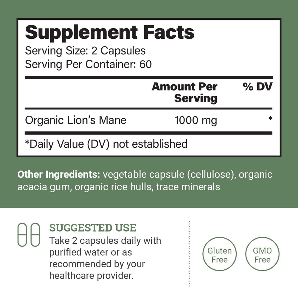 Earth Harmony Naturals Lions Mane capsules close-up for daily wellness.