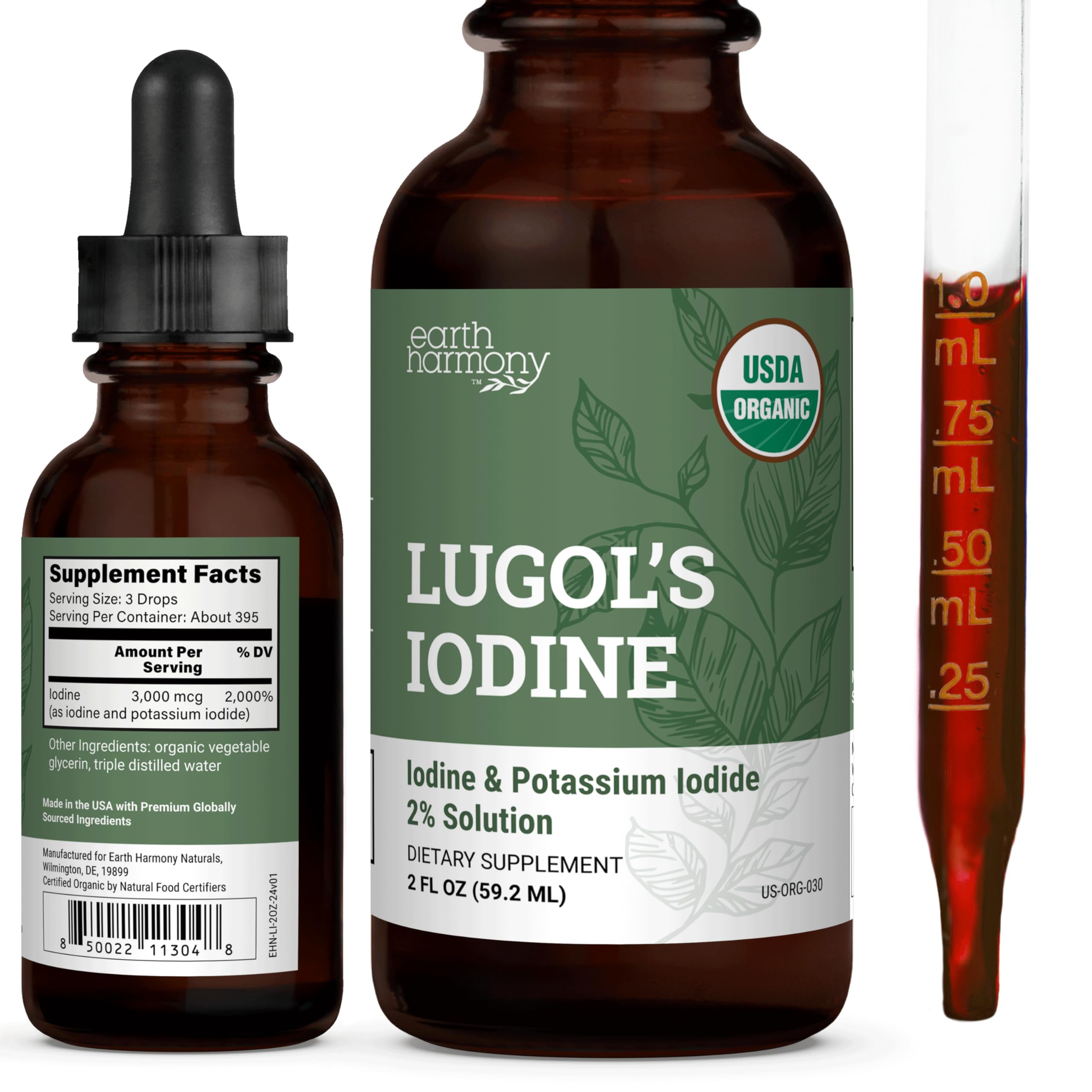 Earth Harmony Naturals Organic Lugol's Iodine 2% bottle for easy daily thyroid support