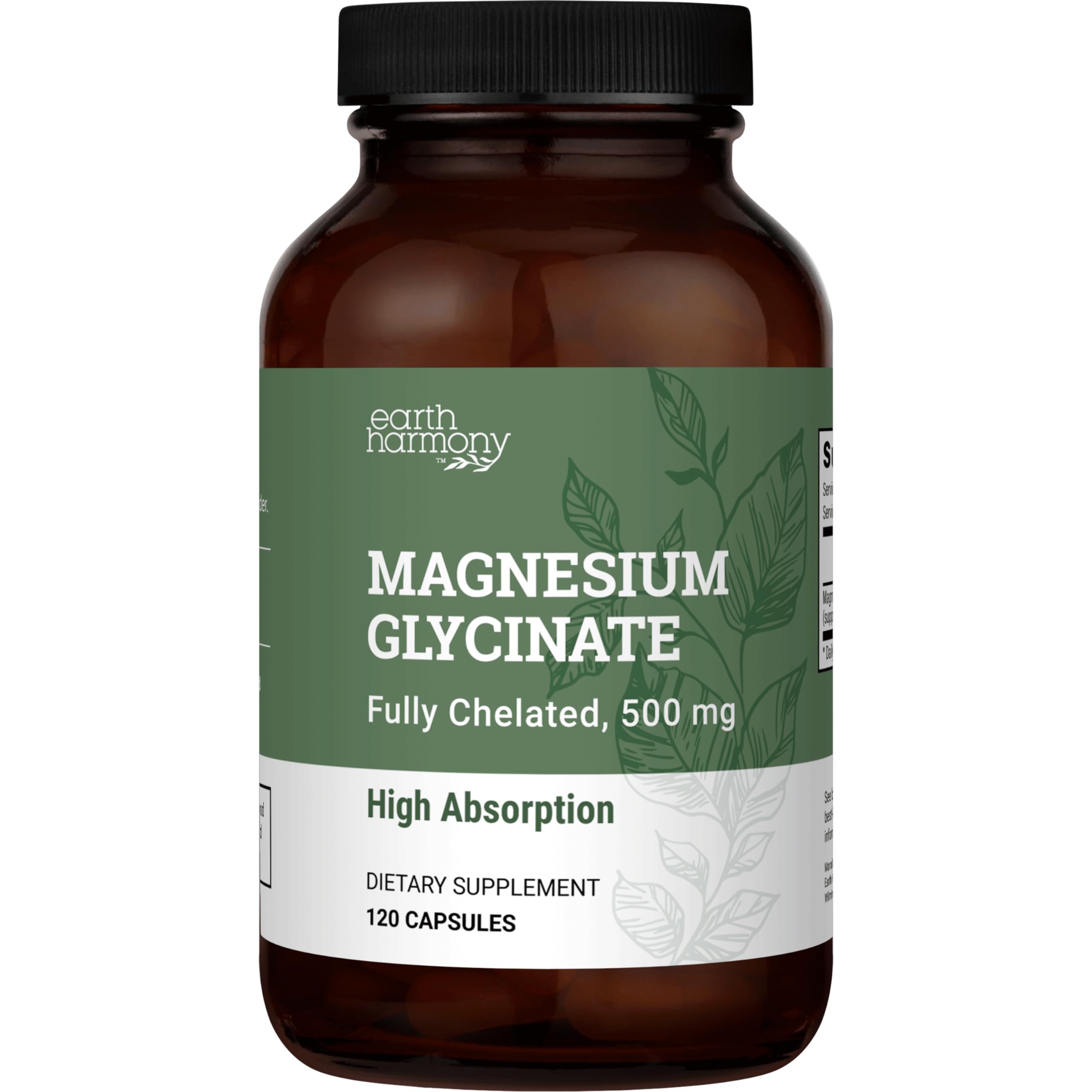 Earth Harmony Naturals Pure Magnesium Glycinate bottle highlighting high absorption with MCT powder