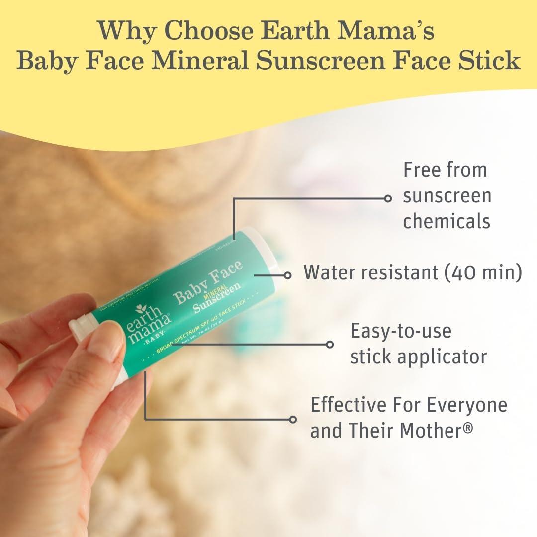 Earth Mama Baby Face Mineral Sunscreen Stick SPF 40 demonstrates broad-spectrum protection for active families.