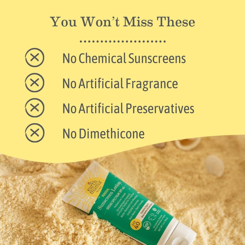 Label on Earth Mama Baby Mineral Sunscreen Lotion highlighting SPF 40