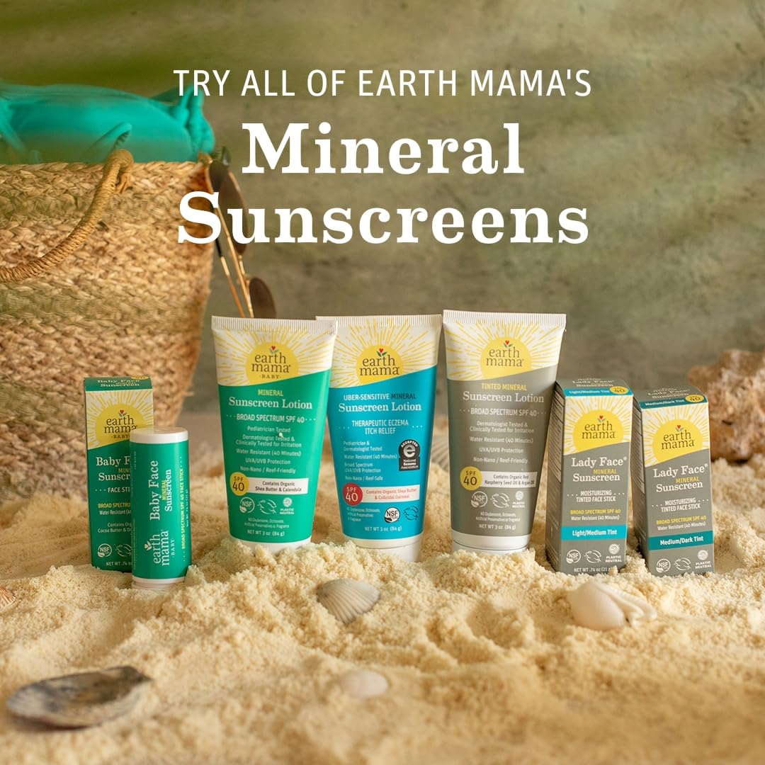 Fragrance-free Earth Mama sunscreen with no chemical filters shown on label