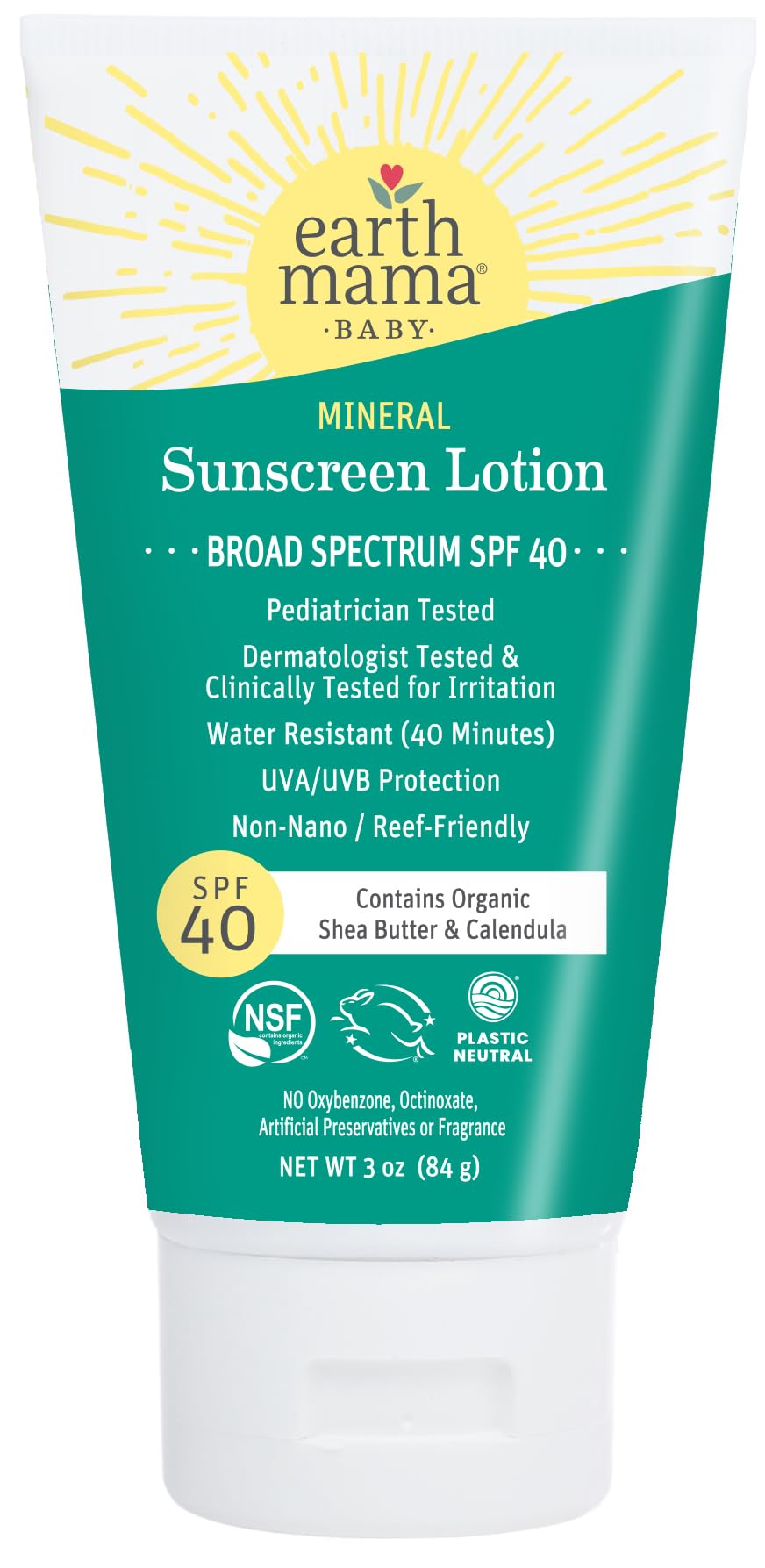 Earth Mama Baby Mineral Sunscreen Lotion tube front showing SPF 40 protection for sensitive skin