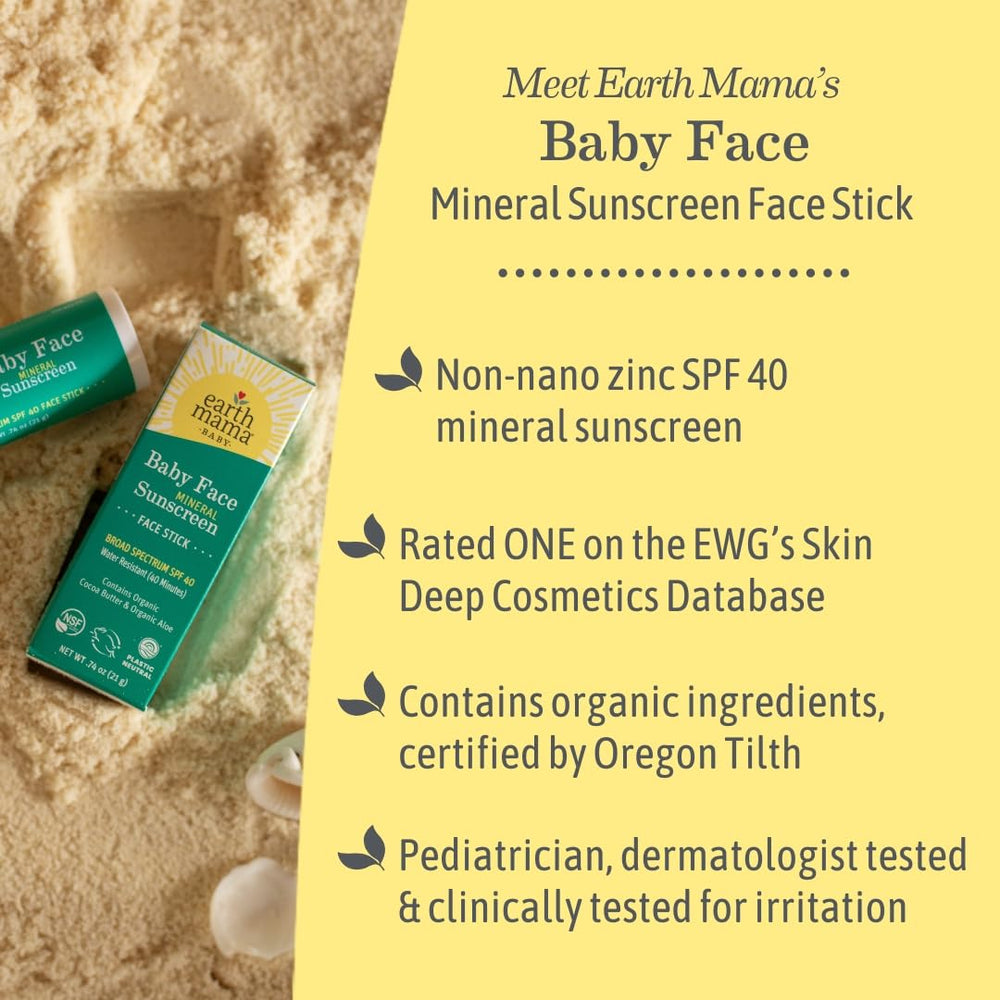 Earth Mama Leaping Bunny-certified mineral sunscreen stick for safe family use.