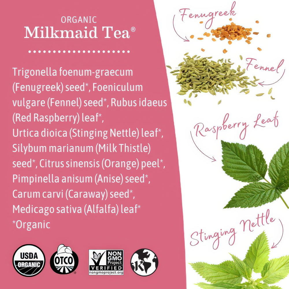 Earth Mama Milkmaid Tea features fenugreek, fennel, and nettle in the herbal blend.