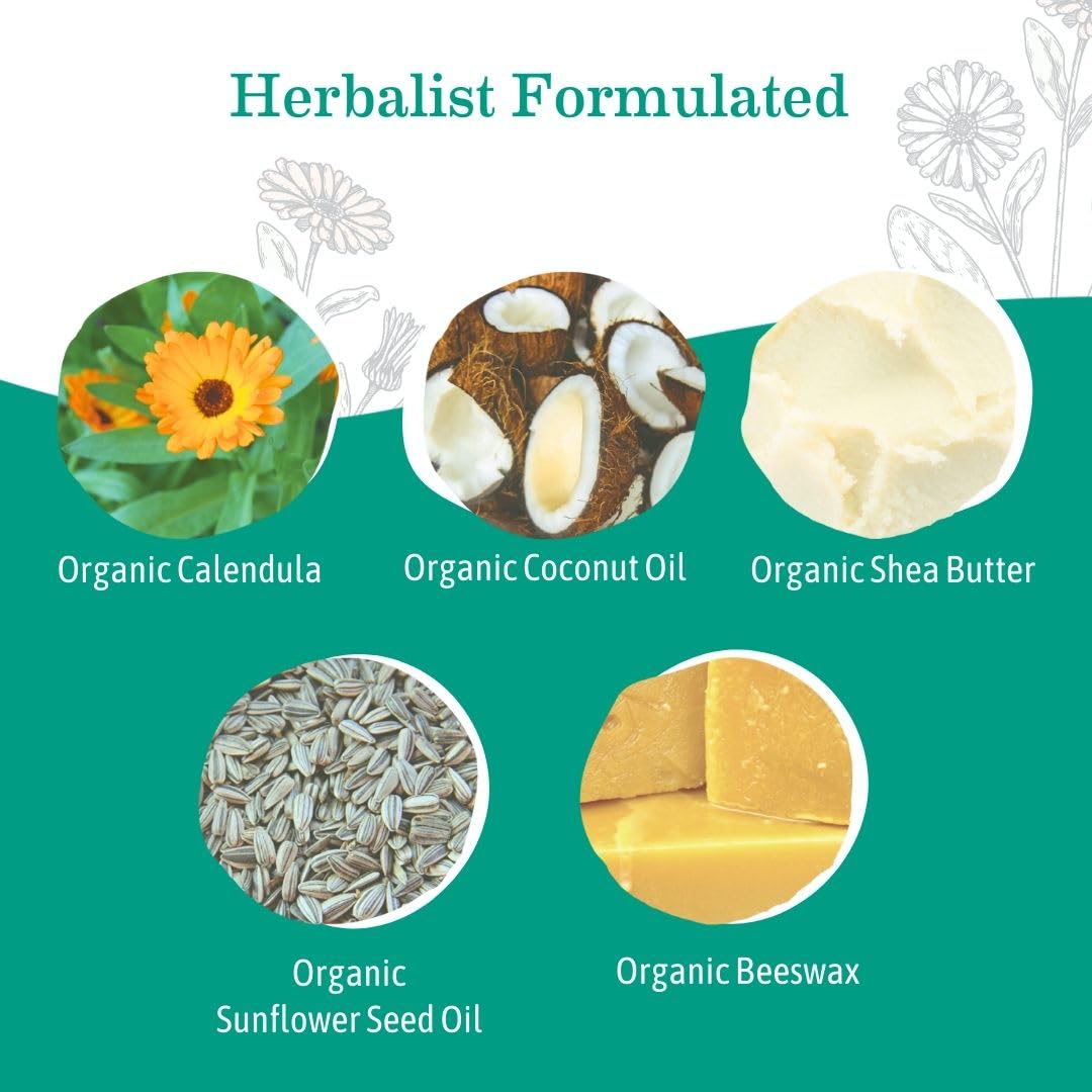 Earth Mama balm tub showing coconut and calendula ingredients