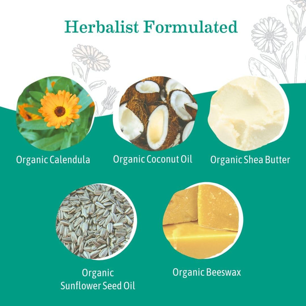 Earth Mama balm tub showing coconut and calendula ingredients