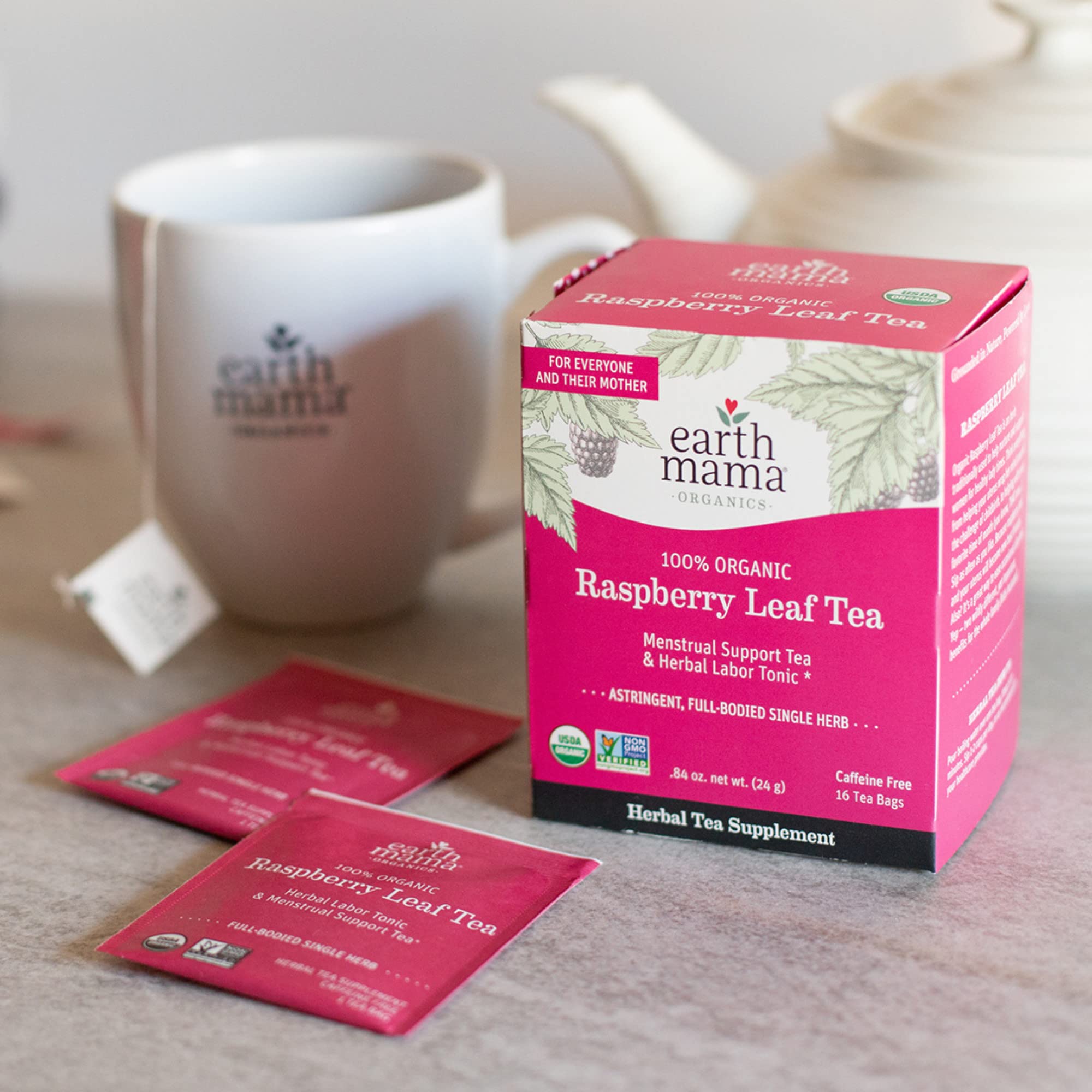 Earth Mama Organic Red Raspberry Leaf Tea bag infusing during evening routine
