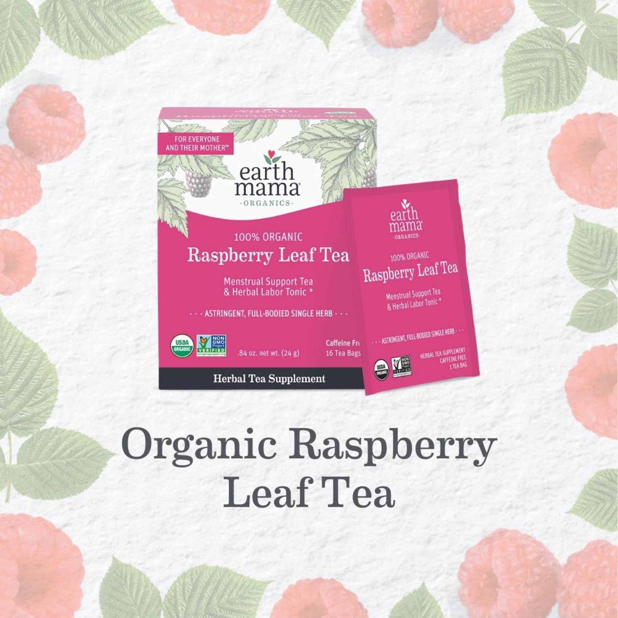 Earth Mama Organic Red Raspberry Leaf Tea pouch with kosher certified seal