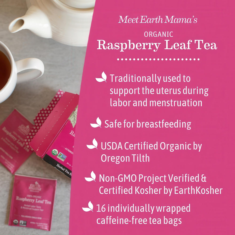 Earth Mama Organic Red Raspberry Leaf Tea packets arranged for quick pre labor prep