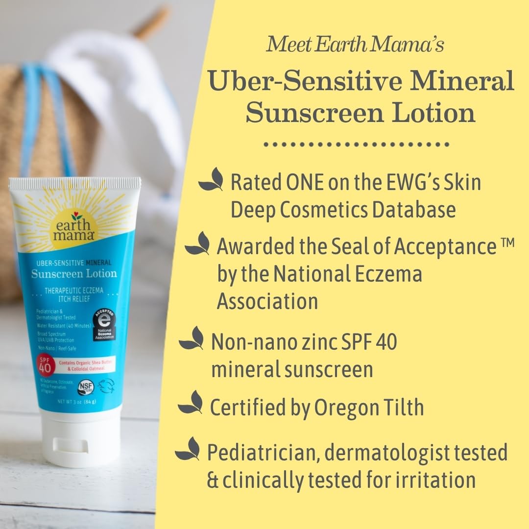 Earth Mama Uber-Sensitive Sunscreen Lotion applied to the arm for gentle, sensitive-skin use.
