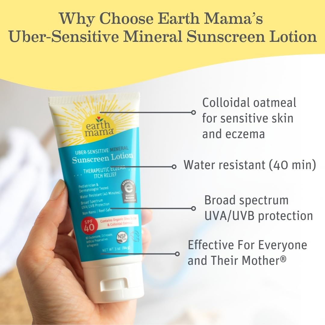Organic colloidal oatmeal and soothing oils in Earth Mama Uber-Sensitive Sunscreen Lotion.