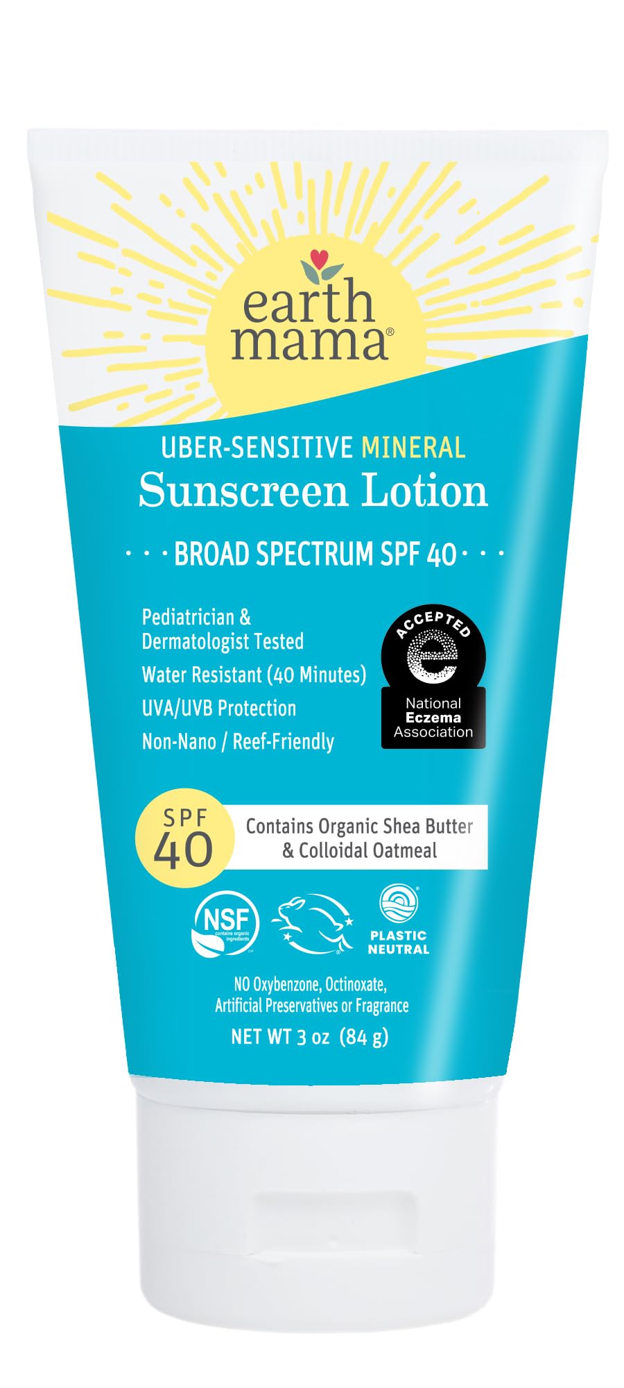 Earth Mama Uber-Sensitive Sunscreen Lotion SPF 40 bottle offers broad UVA/UVB protection for sunny days.