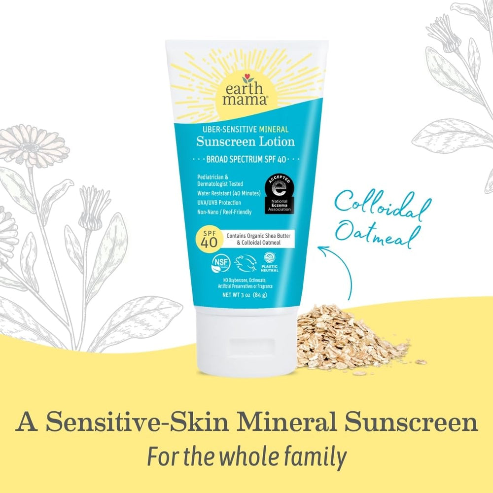 UVA/UVB protection from Earth Mama Uber-Sensitive Sunscreen Lotion for daily sun exposure.