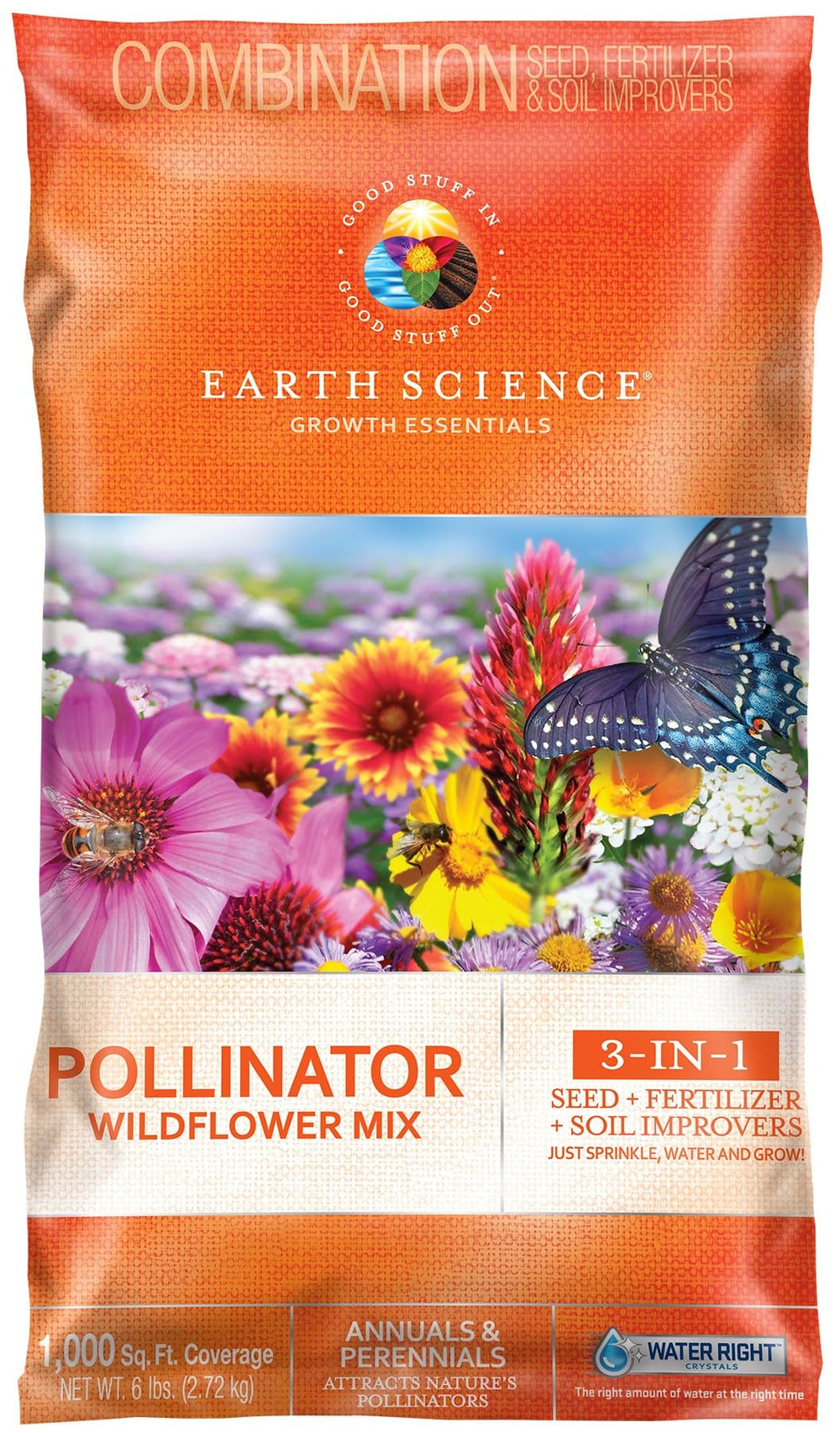 Earth Science Wildflower Pollinator Mix bag showing seeds for pollinator-friendly garden